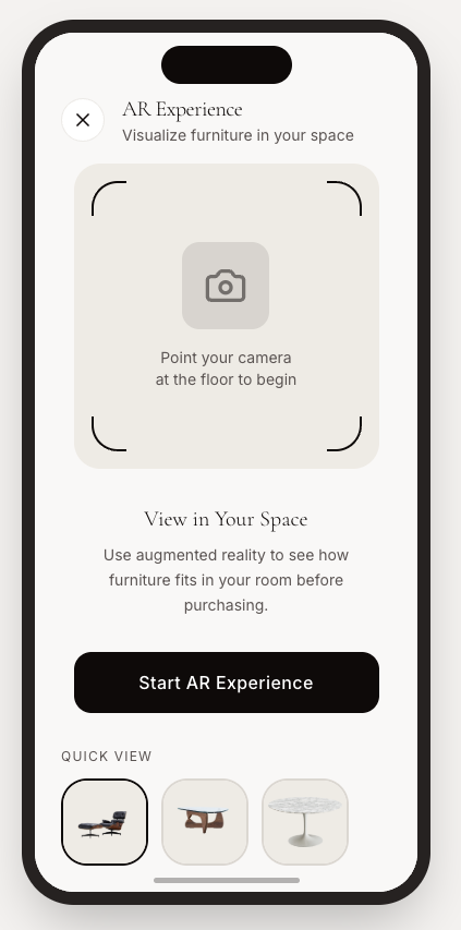 AR Experience interface showing camera viewfinder with furniture preview and quick-select product carousel
