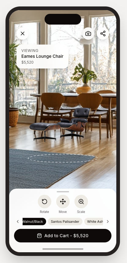 AR view showing Eames Lounge Chair placed in a living room with rotate, move, scale controls and color variants