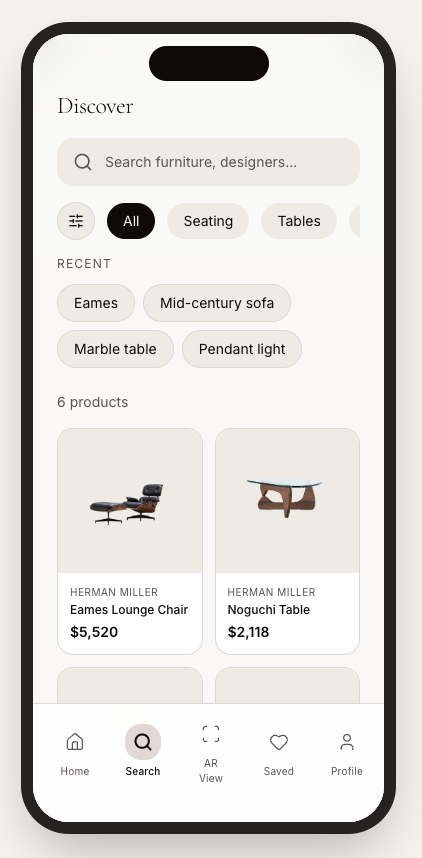 Discover screen showing search, filters, and product grid with Eames Lounge Chair and Noguchi Table