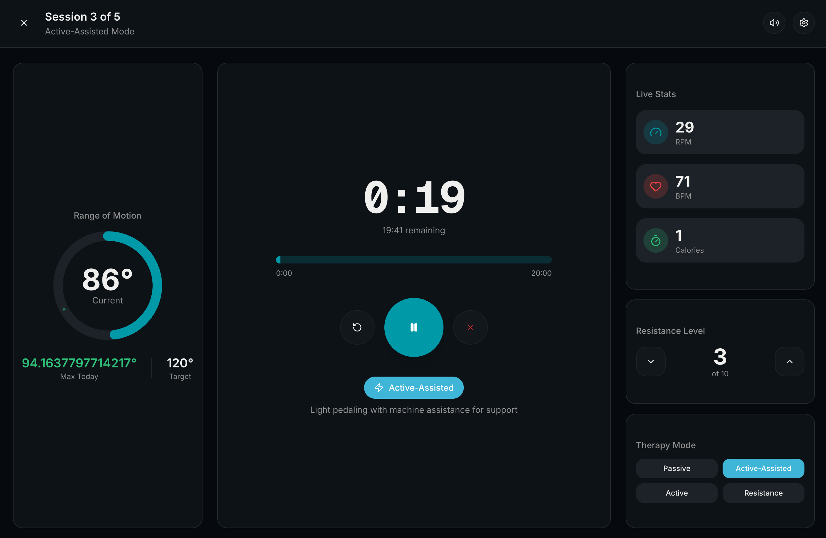 ROMTech active therapy session showing real-time range of motion gauge, live biometrics, and therapy mode controls