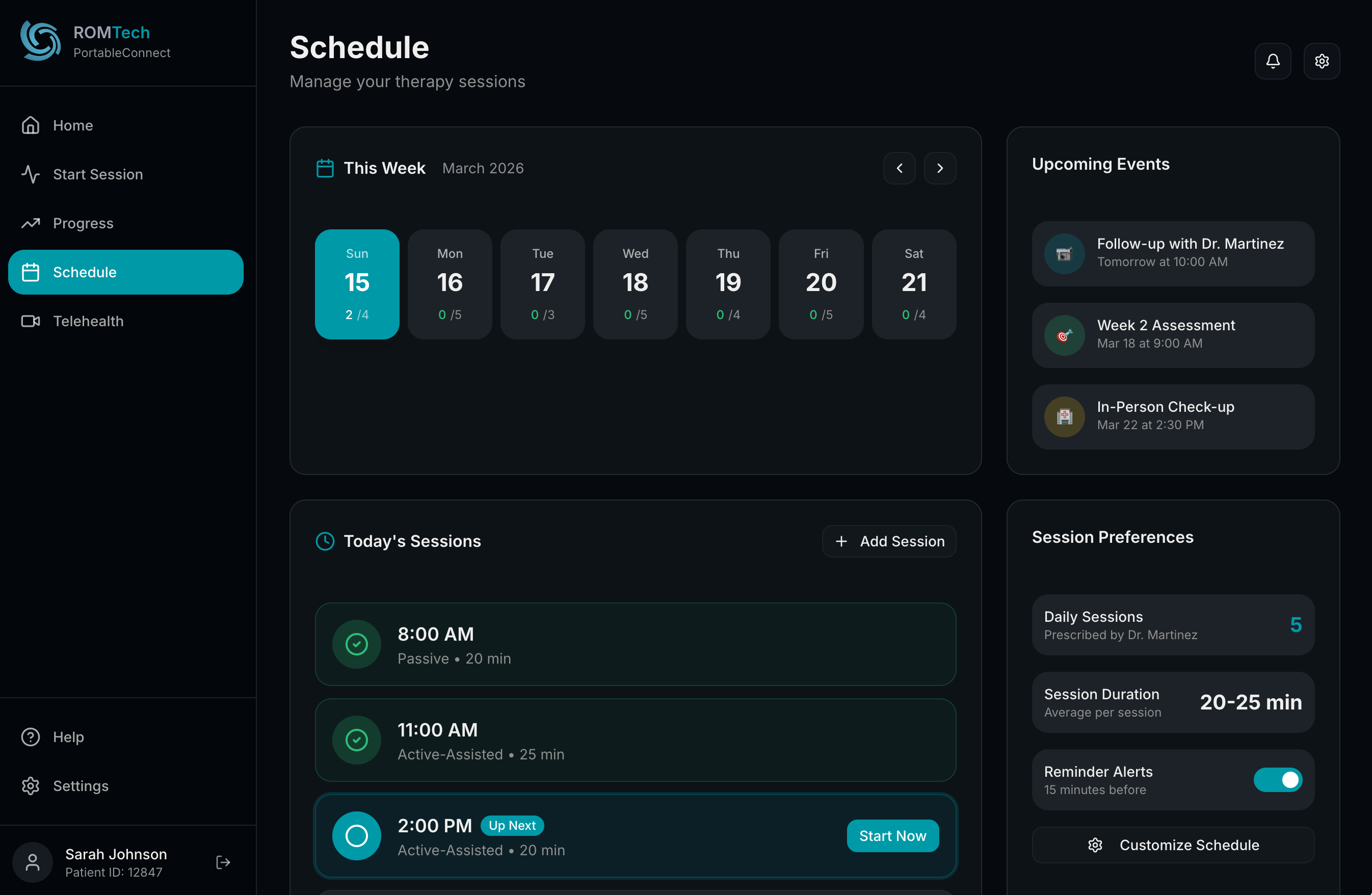 ROMTech schedule management with weekly calendar and session preferences