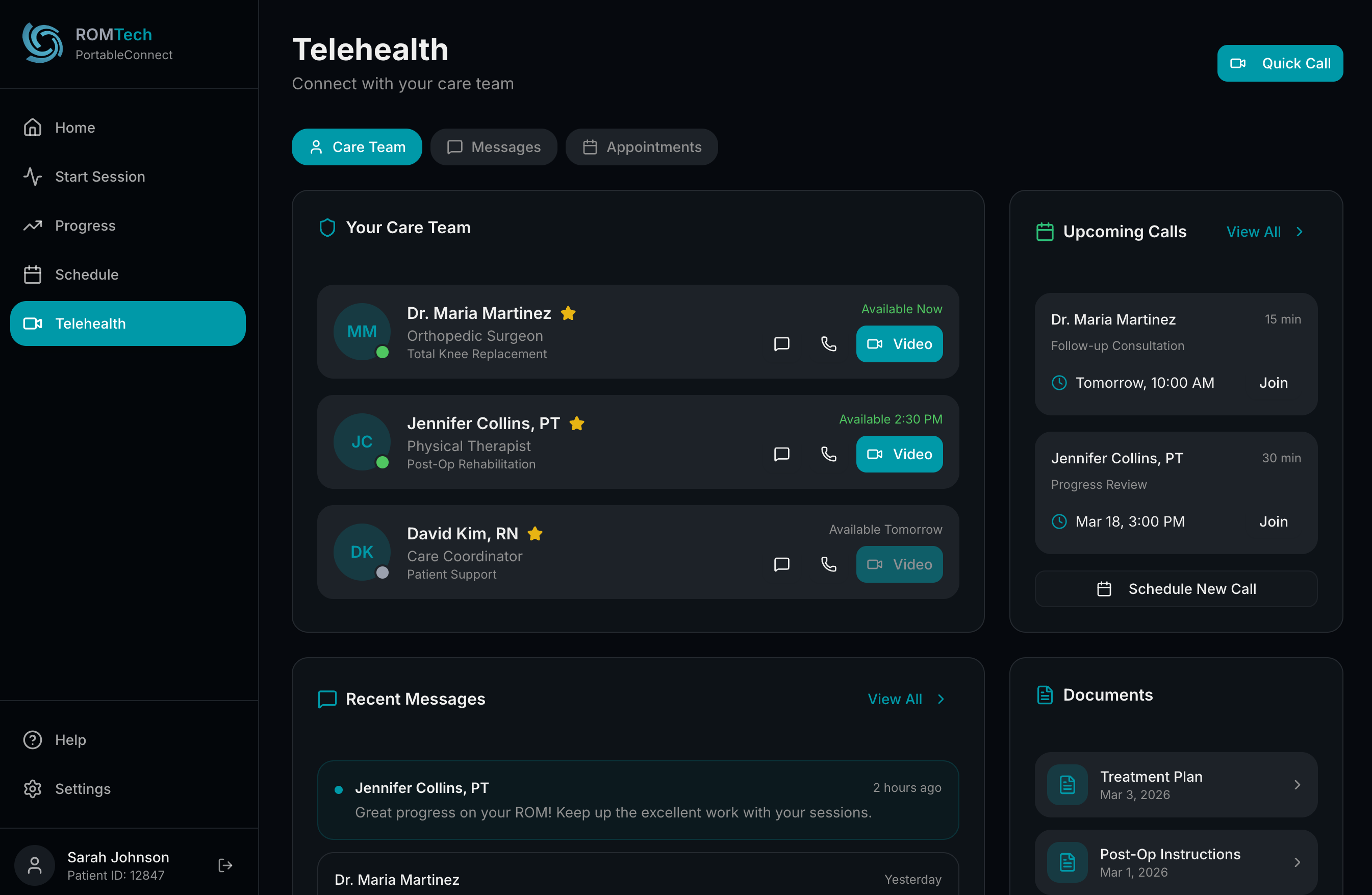 ROMTech telehealth showing care team contacts and upcoming video calls